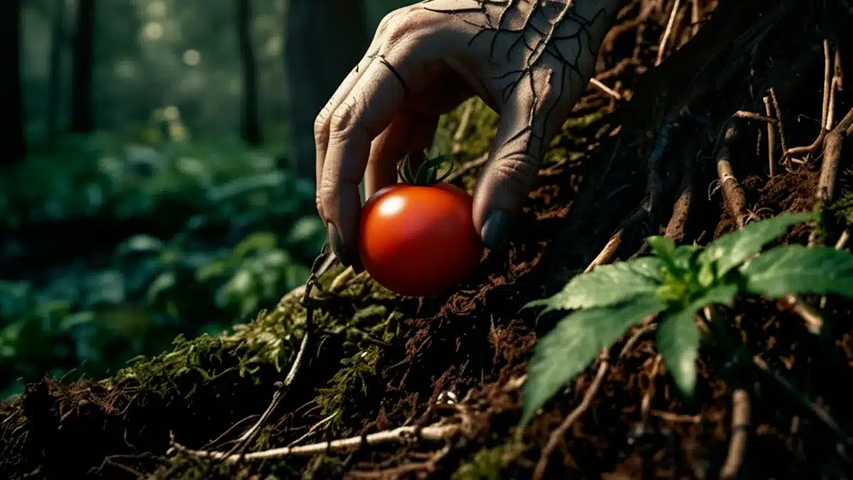 tomate_sulayr Mano recogiendo un tomate Sulayr brillante entre raíces y tierra húmeda, en un bosque iluminado por la luz natural de la mañana.